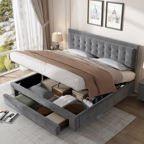 King Size Upholstered Bed 150 x 200 cm – Grey PU Bed with LED Lights, USB Charging & Storage