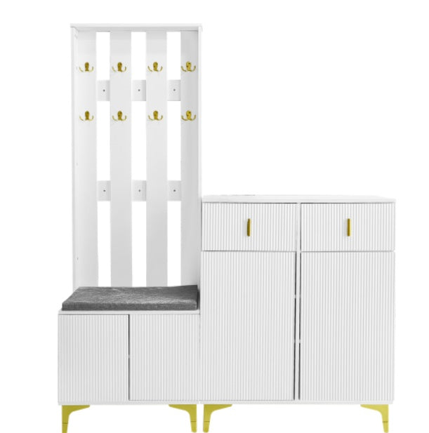 Hallway Wardrobe Set with Shoe Bench & Coat Rack – Storage Cabinet with Cushion (White/Black)