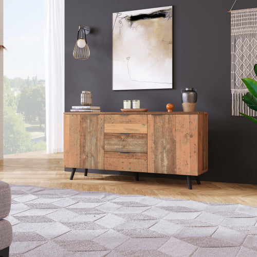 Vintage Brown Sideboard Cabinet – 140cm Storage Cupboard with Drawers & Adjustable Shelves