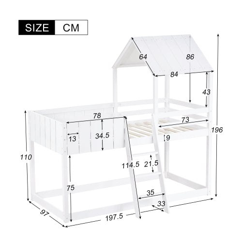 Kids Wooden Mid Sleeper Treehouse Bed – 3FT Single Loft Bed with Ladder & Guard Rail (White 90x190cm)