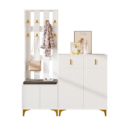 Hallway Wardrobe Set with Shoe Bench & Coat Rack – Storage Cabinet with Cushion (White/Black)