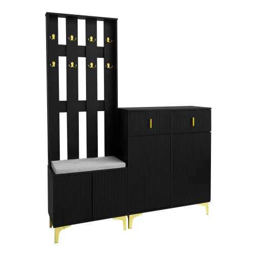 Hallway Wardrobe Set with Shoe Bench & Coat Rack – Storage Cabinet with Cushion (White/Black)