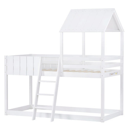 Kids Wooden Mid Sleeper Treehouse Bed – 3FT Single Loft Bed with Ladder & Guard Rail (White 90x190cm)