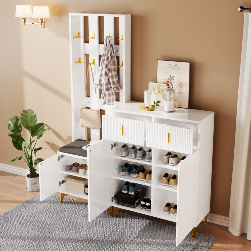 Hallway Wardrobe Set with Shoe Bench & Coat Rack – Storage Cabinet with Cushion (White/Black)