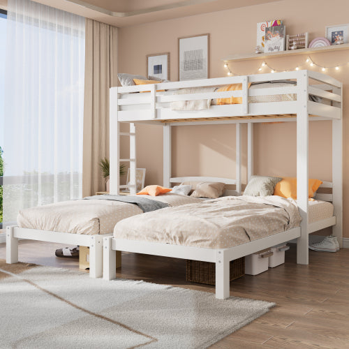 Triple Sleeper Bunk Bed for Kids & Teens – 3FT Solid Wood Frame with Ladder (White)