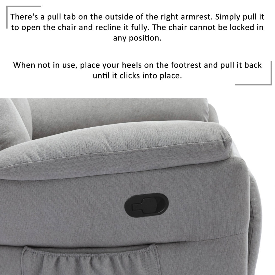 Grey Fabric Recliner Chair for Elderly – Adjustable Armchair with Footrest & Side Pocket