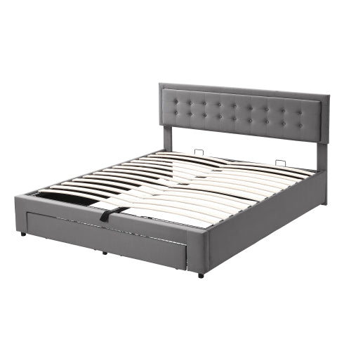 King Size Upholstered Bed 150 x 200 cm – Grey PU Bed with LED Lights, USB Charging & Storage