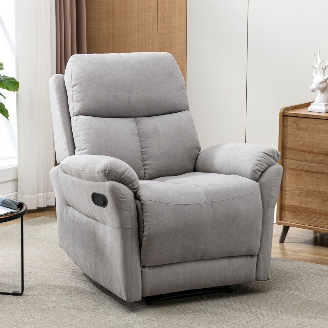 Grey Fabric Recliner Chair for Elderly – Adjustable Armchair with Footrest & Side Pocket