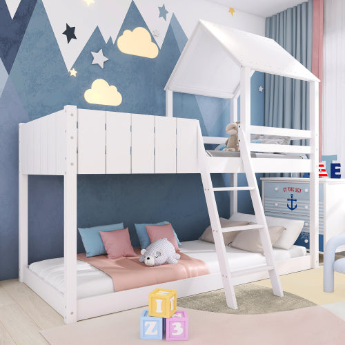 Kids Wooden Mid Sleeper Treehouse Bed – 3FT Single Loft Bed with Ladder & Guard Rail (White 90x190cm)