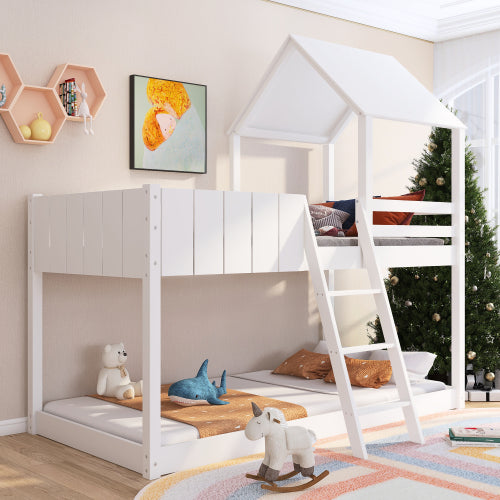 Kids Wooden Mid Sleeper Treehouse Bed – 3FT Single Loft Bed with Ladder & Guard Rail (White 90x190cm)