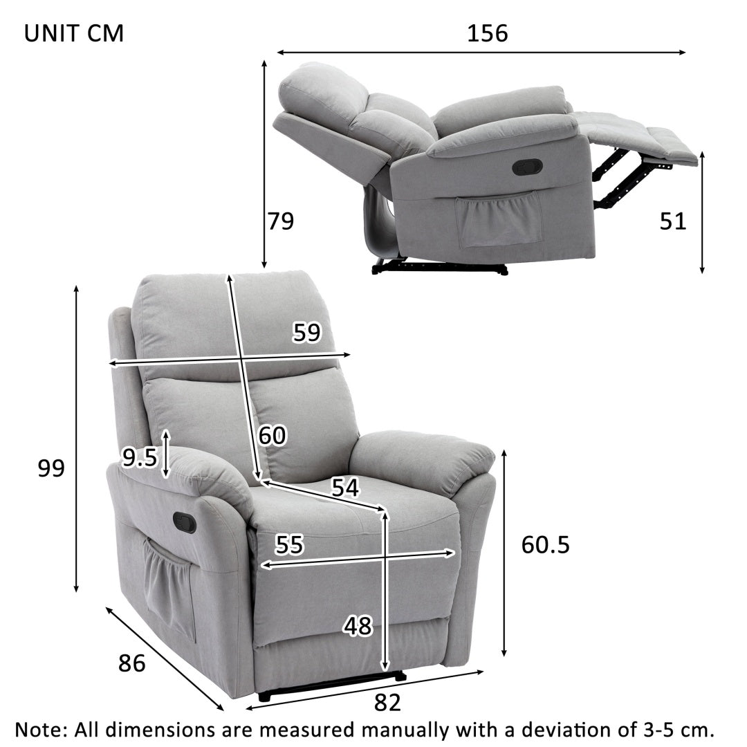 Grey Fabric Recliner Chair for Elderly – Adjustable Armchair with Footrest & Side Pocket