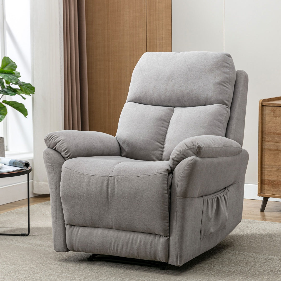 Grey Fabric Recliner Chair for Elderly – Adjustable Armchair with Footrest & Side Pocket
