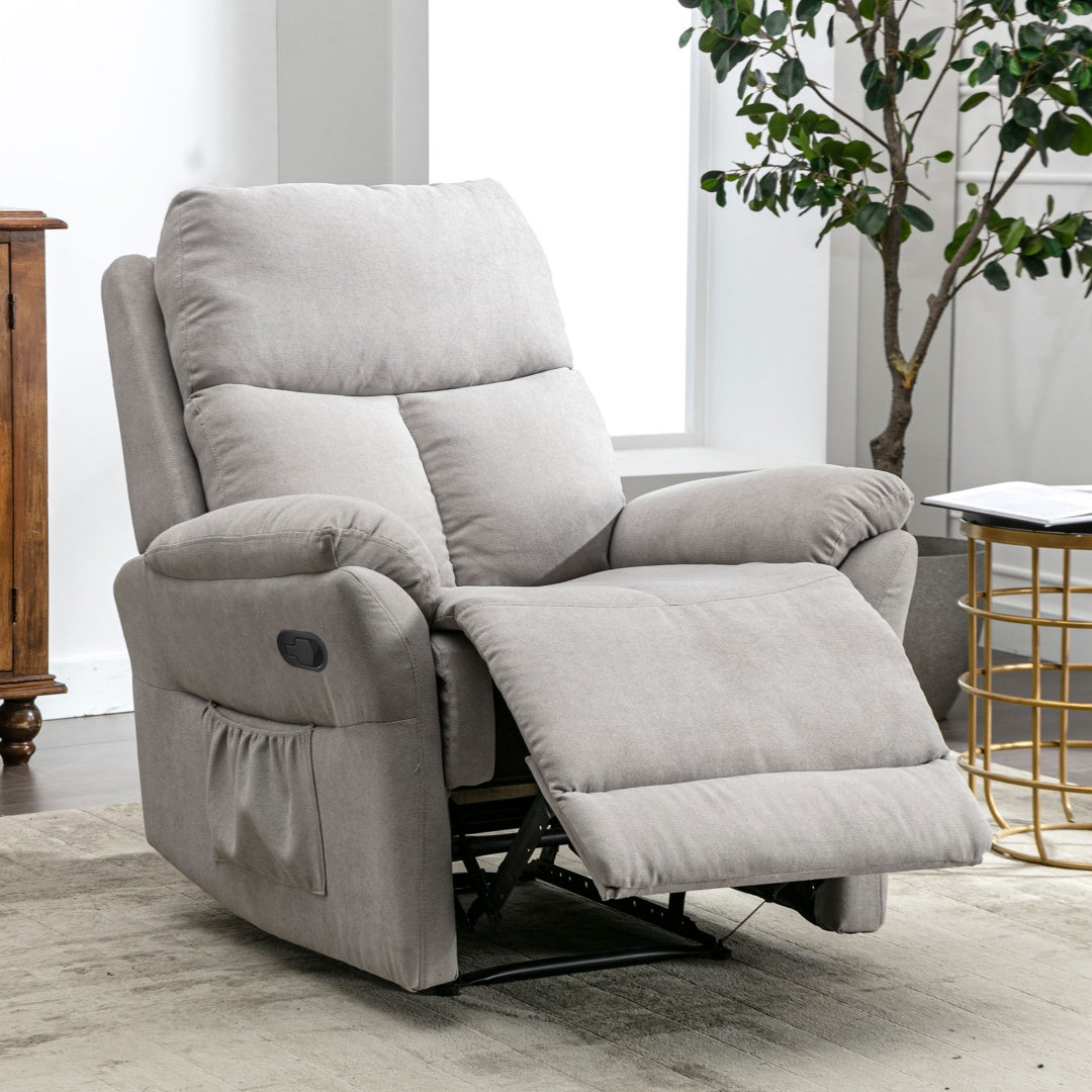 Grey Fabric Recliner Chair for Elderly – Adjustable Armchair with Footrest & Side Pocket