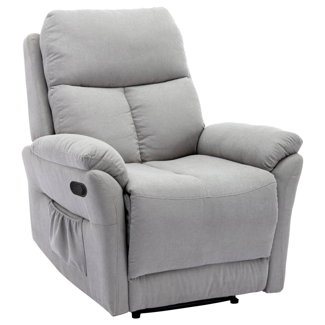 Grey Fabric Recliner Chair for Elderly – Adjustable Armchair with Footrest & Side Pocket