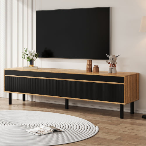 Modern TV Cabinet 170cm – Black & Wood Effect TV Stand with 4 Doors & Storage
