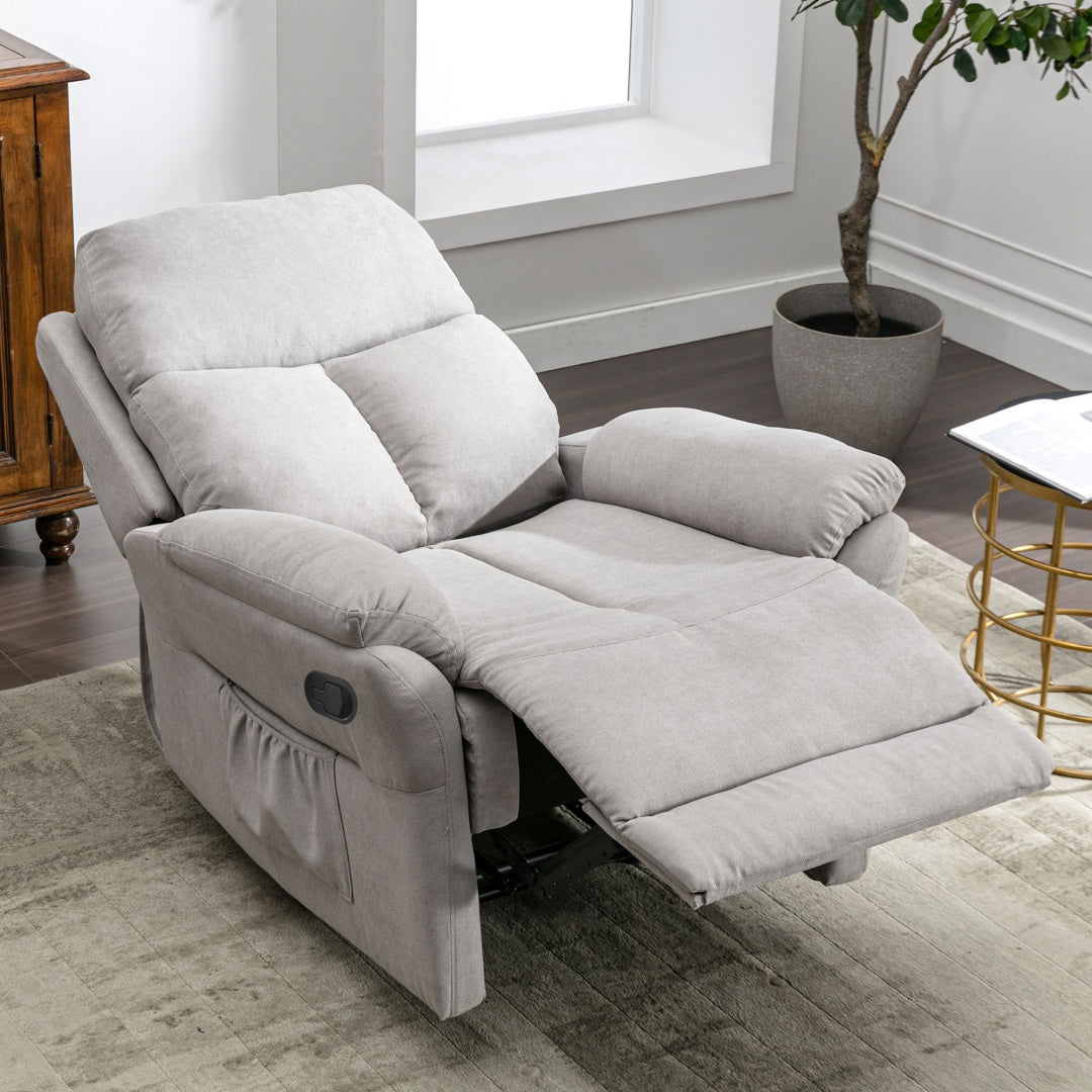 Grey Fabric Recliner Chair for Elderly – Adjustable Armchair with Footrest & Side Pocket