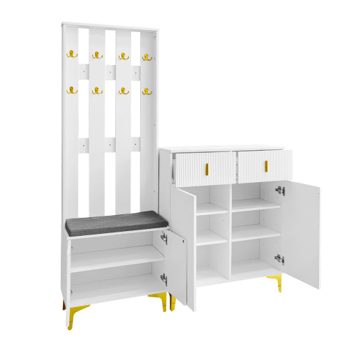 Hallway Wardrobe Set with Shoe Bench & Coat Rack – Storage Cabinet with Cushion (White/Black)