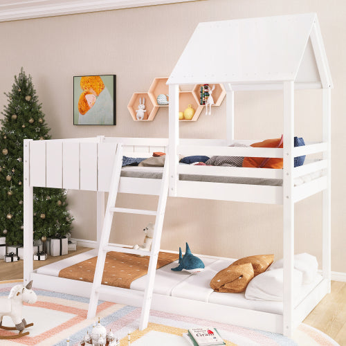 Kids Wooden Mid Sleeper Treehouse Bed – 3FT Single Loft Bed with Ladder & Guard Rail (White 90x190cm)